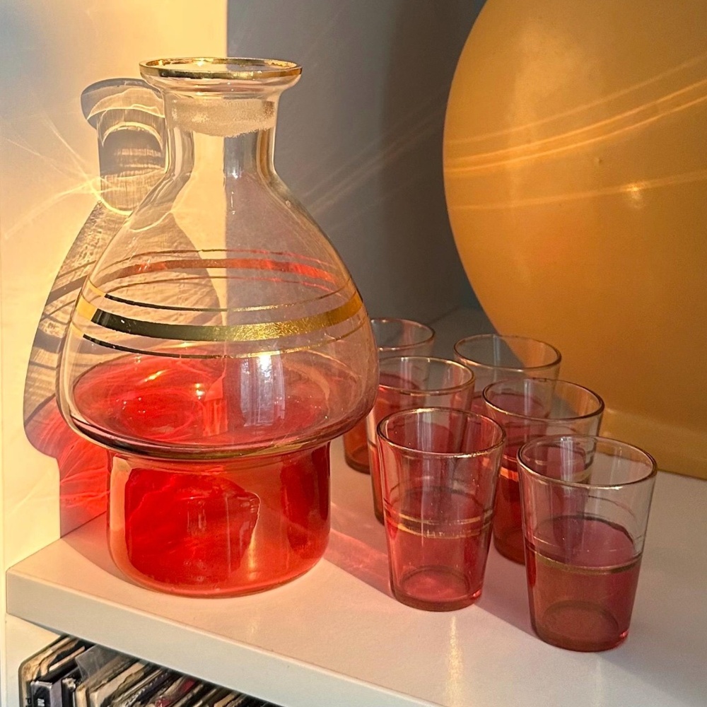 Vintage Set of 7 • Cranberry Gold Glass Medium Decanter with 6 Shot Glasses 60's
